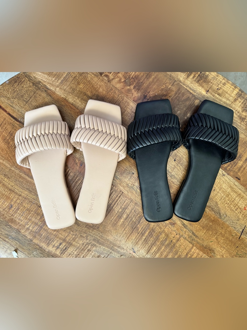 Bundle of TWO PAIRS OF OPEN EDIT Woven Strap Slide Sandals - Beige and Black